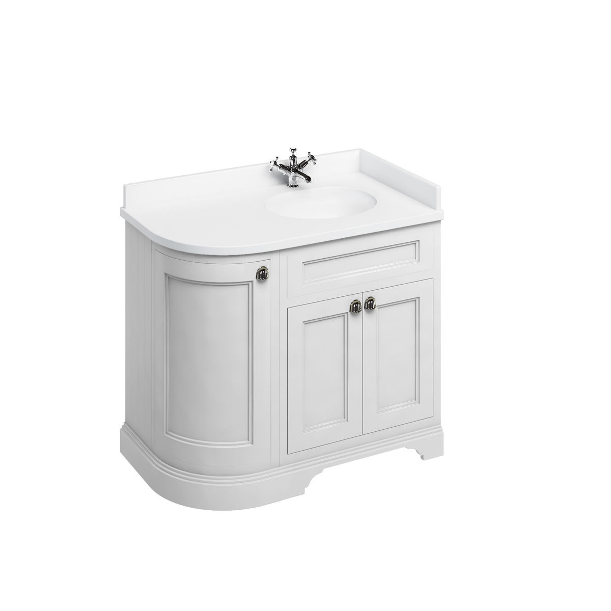 Freestanding 100 Curved Corner Vanity Unit Right Hand - Matt White and Minerva white worktop with integrated white basin