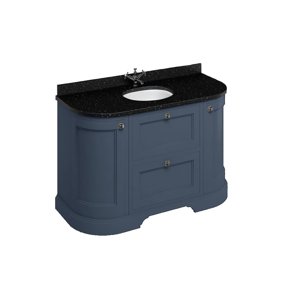 Freestanding 134 Curved Vanity Unit with drawers - Blue and Minerva black granite worktop with integrated white basin