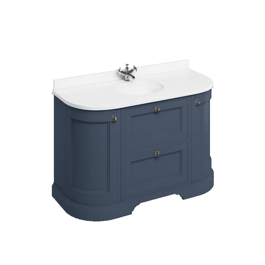 Freestanding 134 Curved Vanity Unit with drawers - Blue and Minerva white worktop with integrated white basin