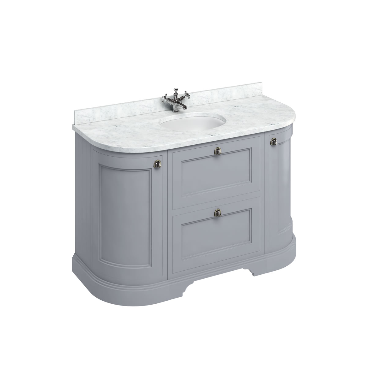 Freestanding 134 Curved Vanity Unit with drawers - Classic Grey and Minerva Carrara white worktop with integrated white basin 