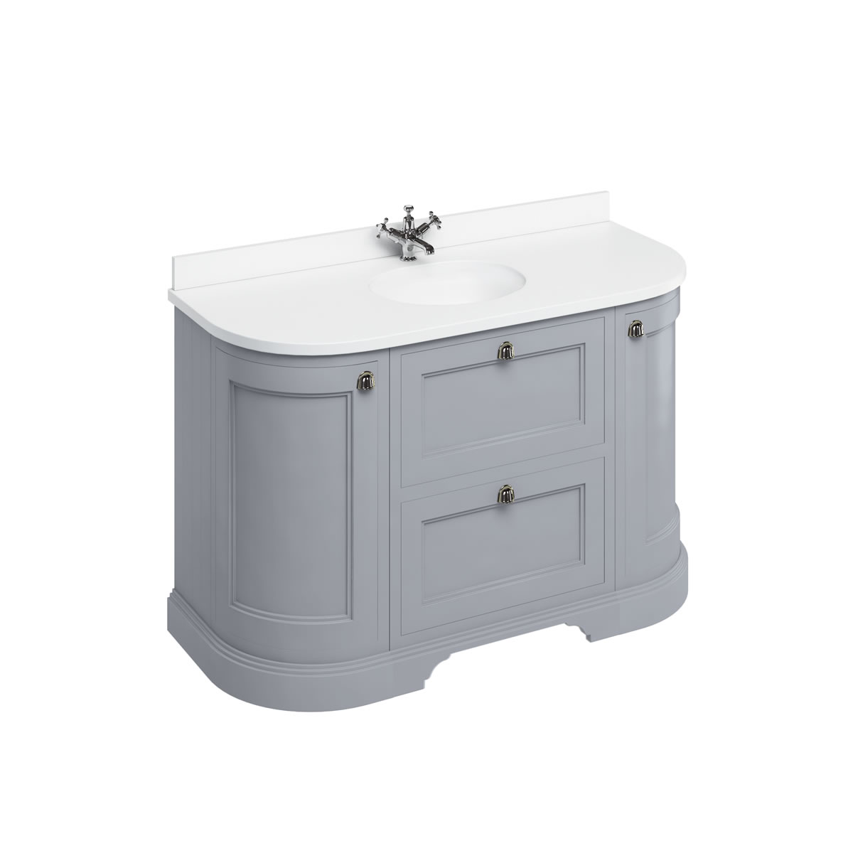 Freestanding 134 Curved Vanity Unit with drawers - Classic Grey and Minerva white worktop with integrated white basin 
