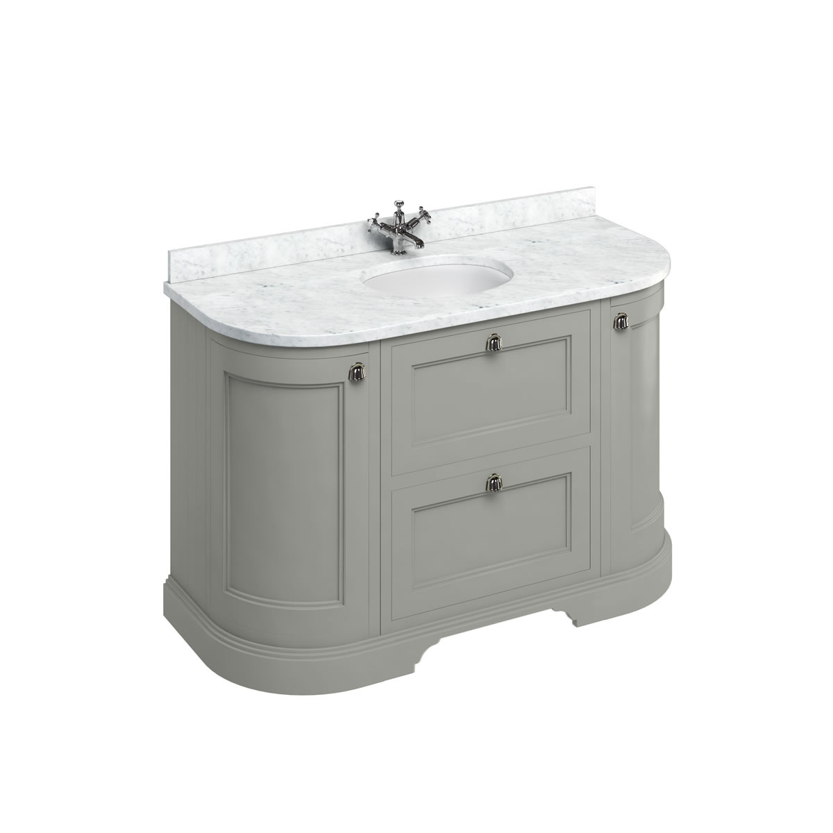 Freestanding 134 Curved Vanity Unit with drawers - Dark Olive and Minerva Carrara white worktop with integrated white basin