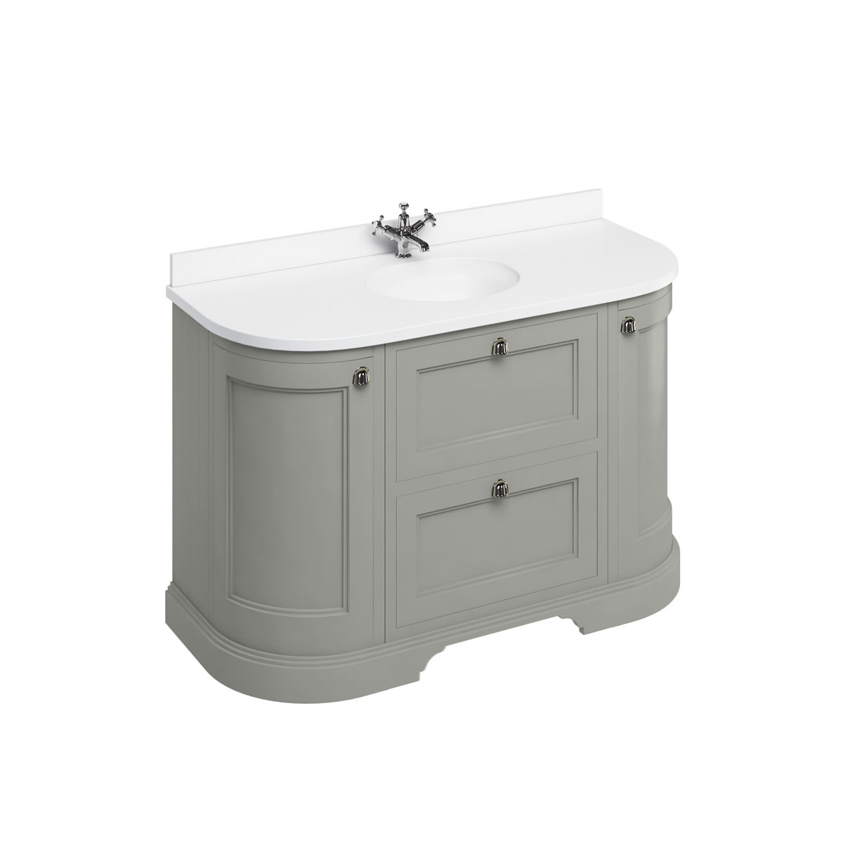 Freestanding 134 Curved Vanity Unit with drawers - Dark Olive and Minerva white worktop with integrated white basin
