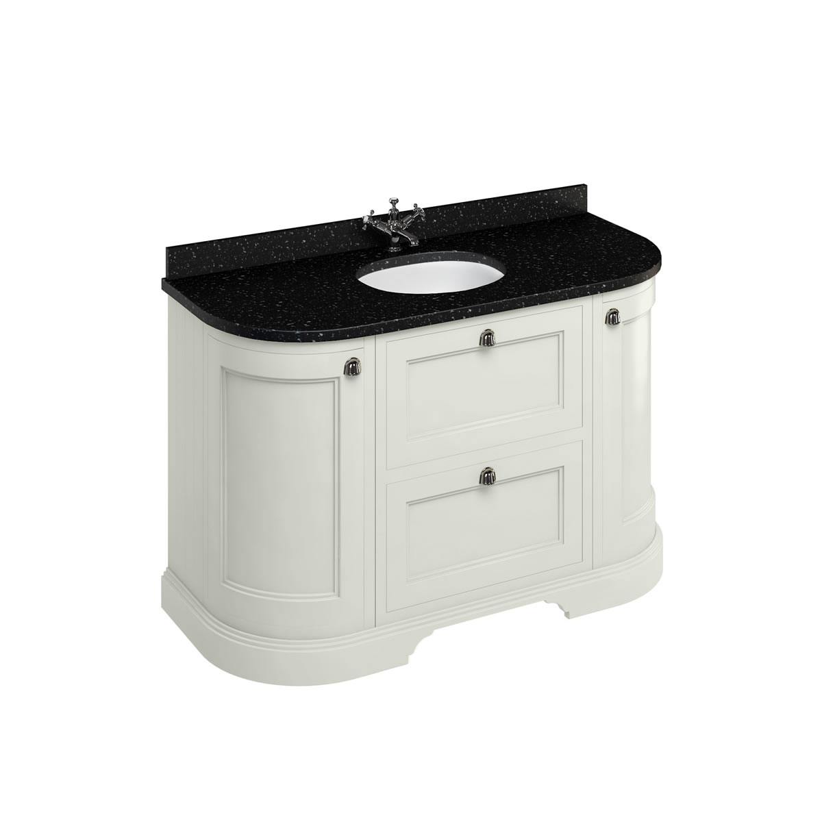 Freestanding 134 Curved Vanity Unit with drawers - Sand and Minerva black granite worktop with integrated white basin