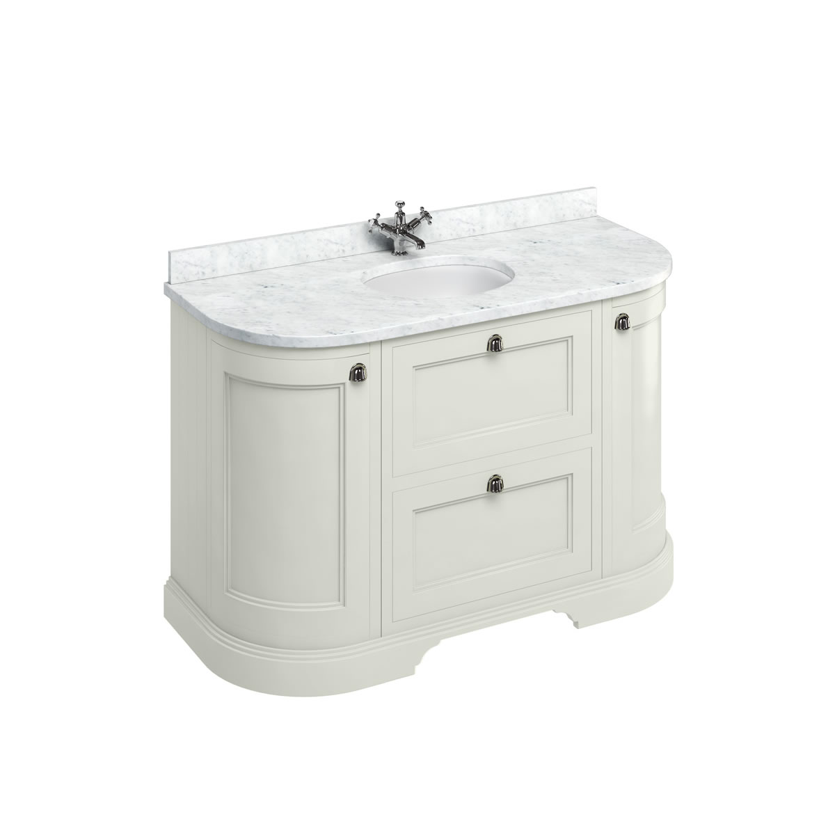 Freestanding 134 Curved Vanity Unit with drawers - Sand White and Minerva Carrara white worktop with integrated white basin