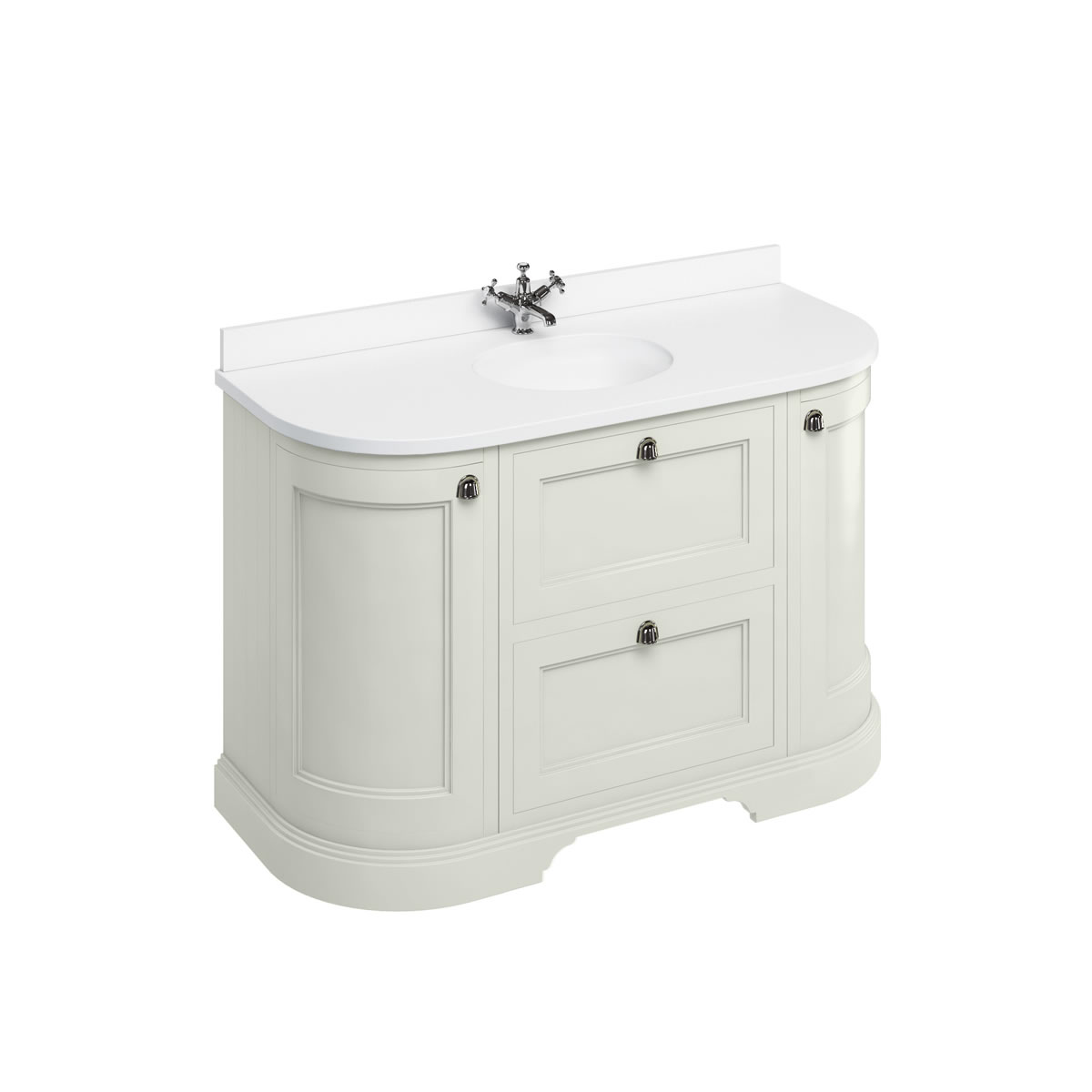 Freestanding 134 Curved Vanity Unit with drawers - Sand White and Minerva white worktop with integrated white basin