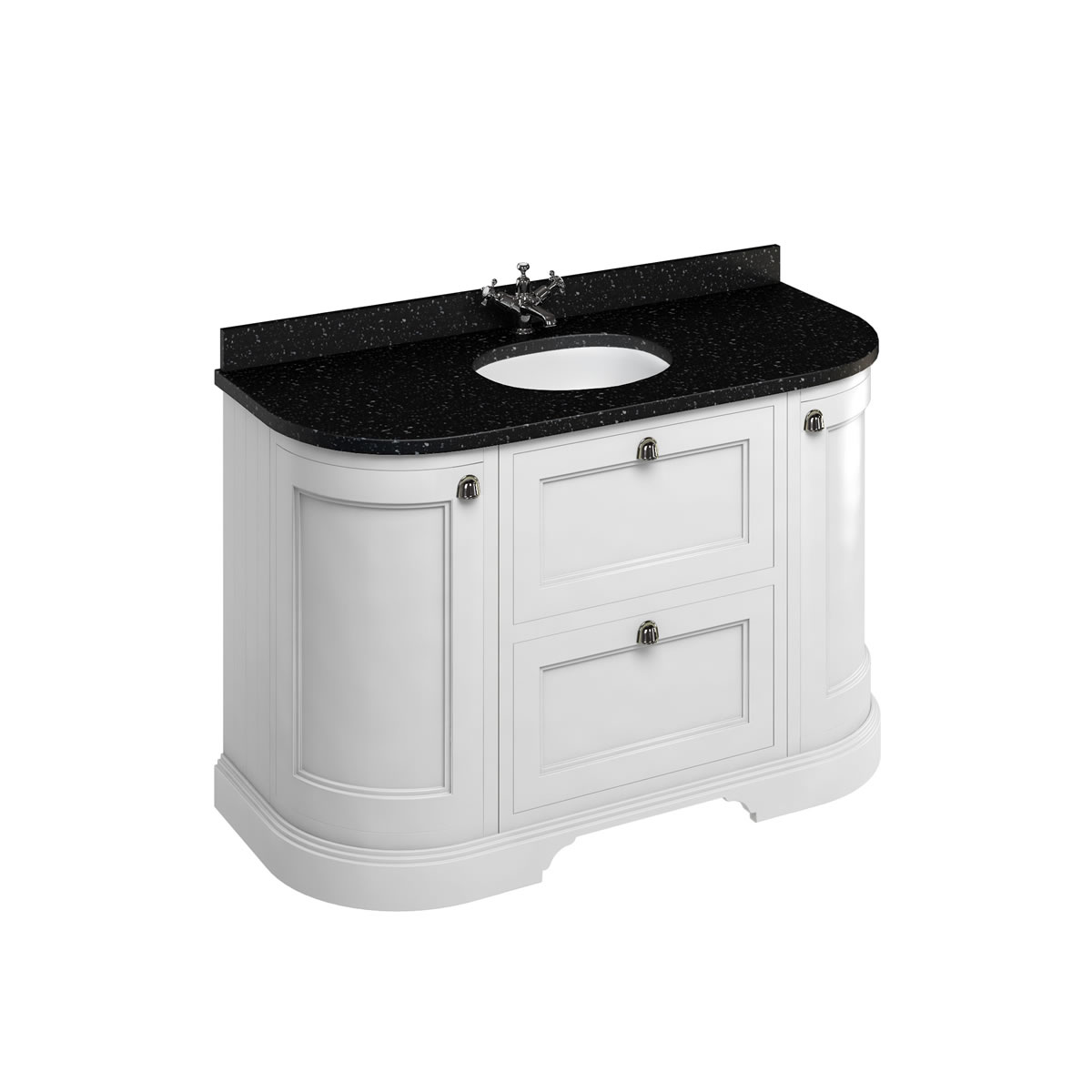 Freestanding 134 Curved Vanity Unit with drawers - Matt White and Minerva black granite worktop with integrated white basin
