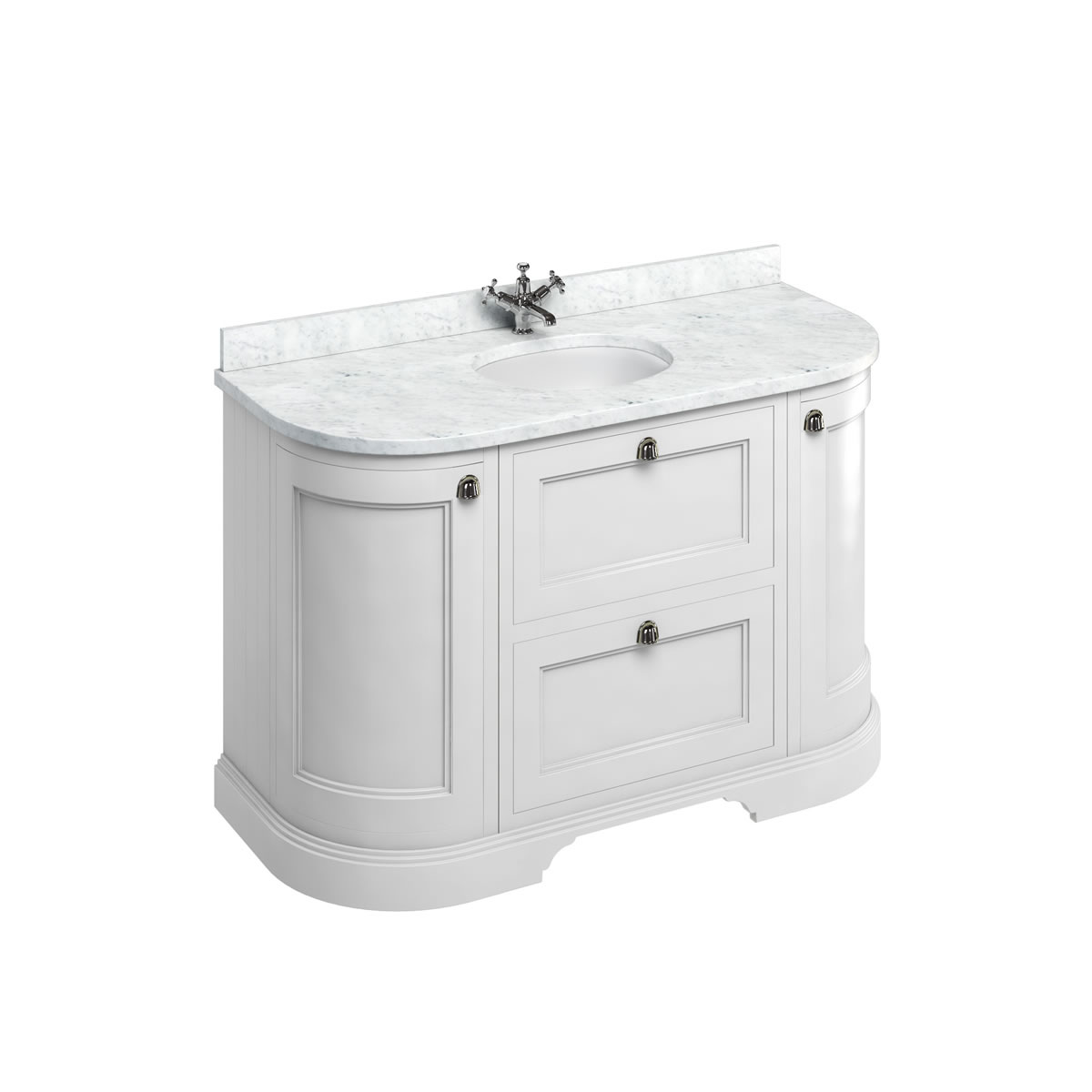Freestanding 134 Curved Vanity Unit with drawers - Matt White and Minerva Carrara white worktop with integrated white basin