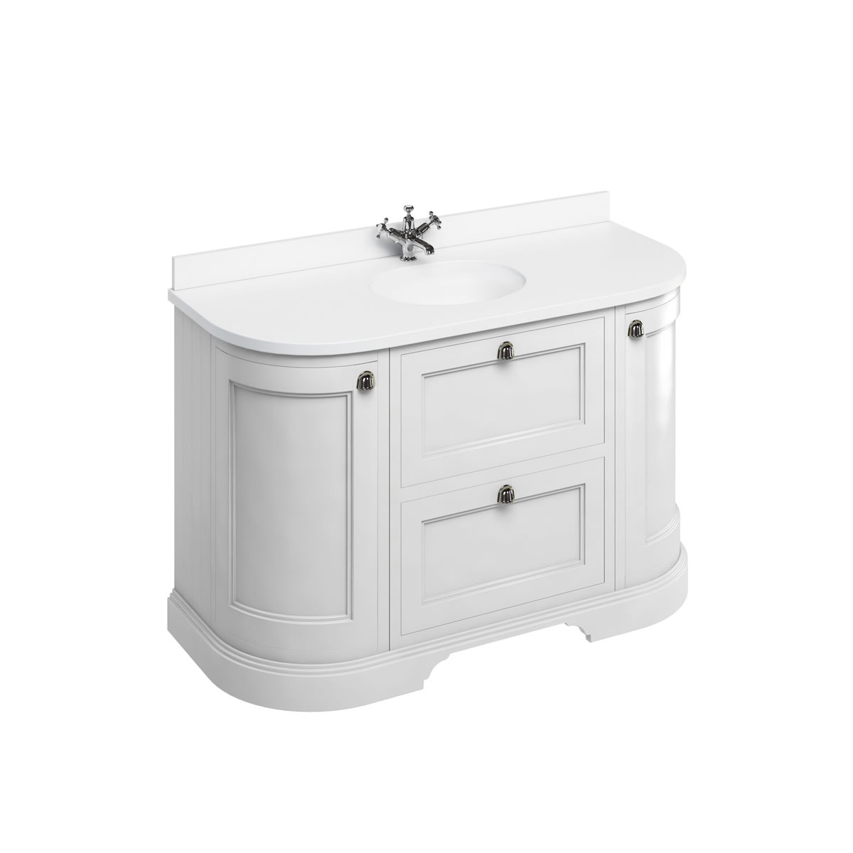 Freestanding 134 Curved Vanity Unit with drawers - Matt White and Minerva white worktop with integrated white basin