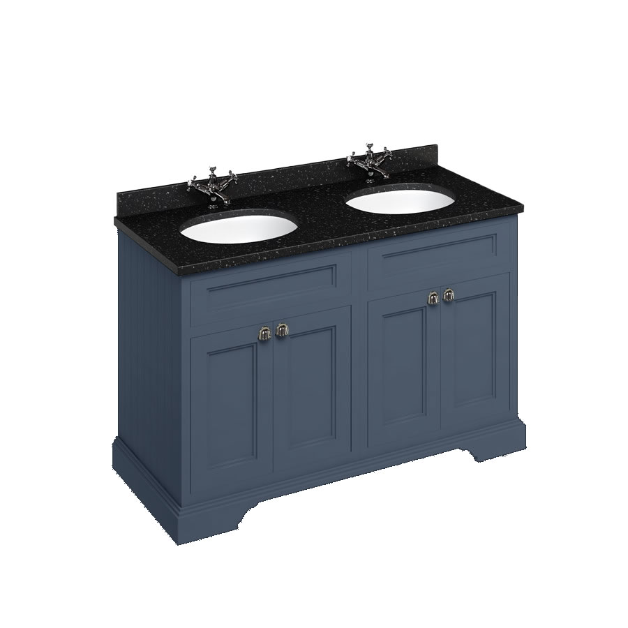 Freestanding 130 Vanity Unit with doors - Blue and Minerva black granite worktop with two integrated white basins