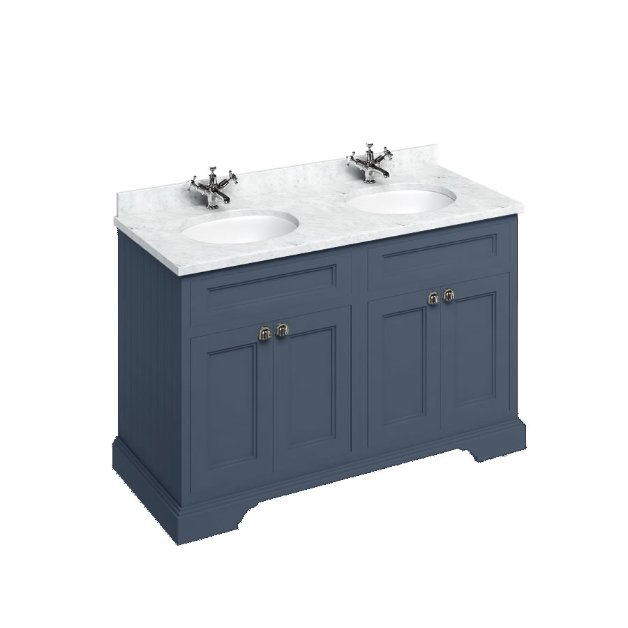 Freestanding 130 Vanity Unit with doors - Blue and Minerva Carrara white worktop with two integrated white basins