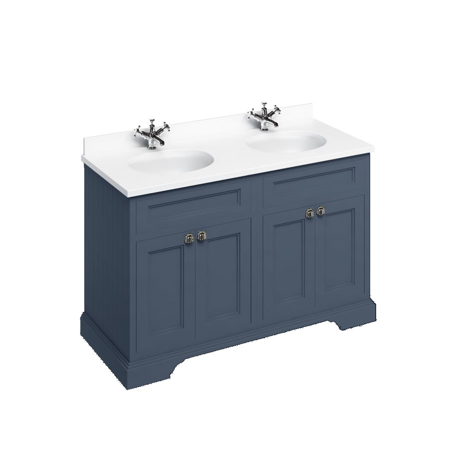 Freestanding 130 Vanity Unit with doors - Blue and Minerva white worktop with two integrated white basins