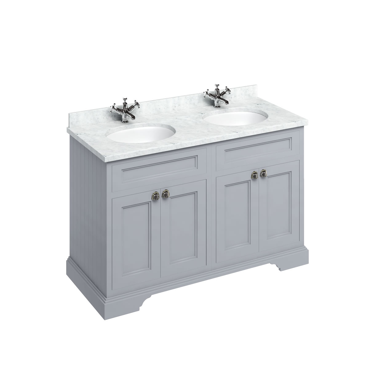 Freestanding 130 Vanity Unit with doors - Classic Grey and Minerva Carrara white worktop with two integrated white basins 