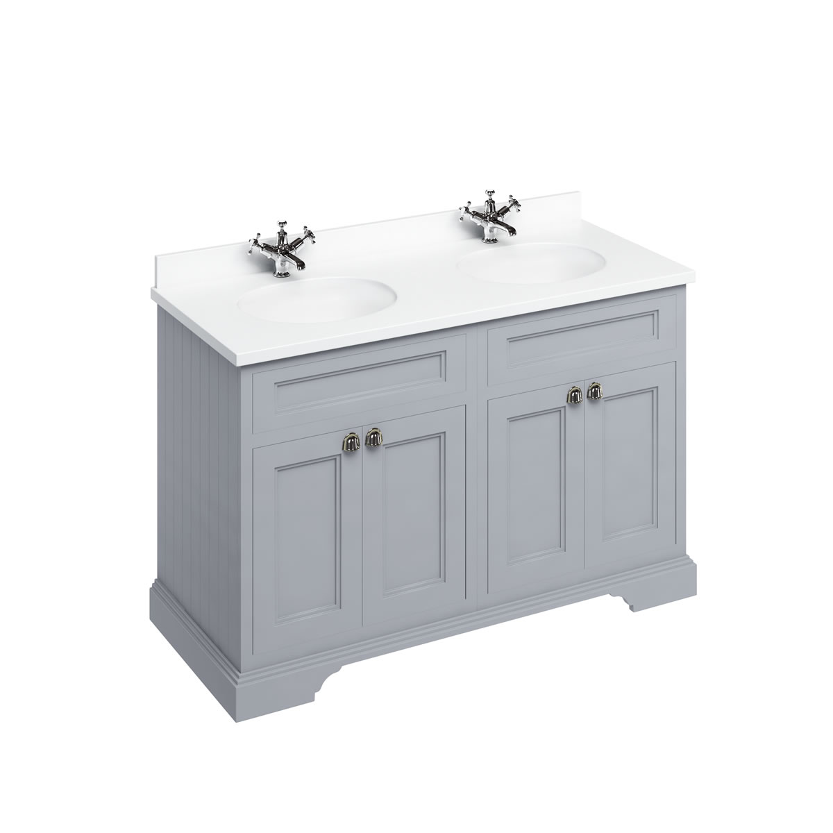 Freestanding 130 Vanity Unit with doors - Classic Grey and Minerva white worktop with two integrated white basins 