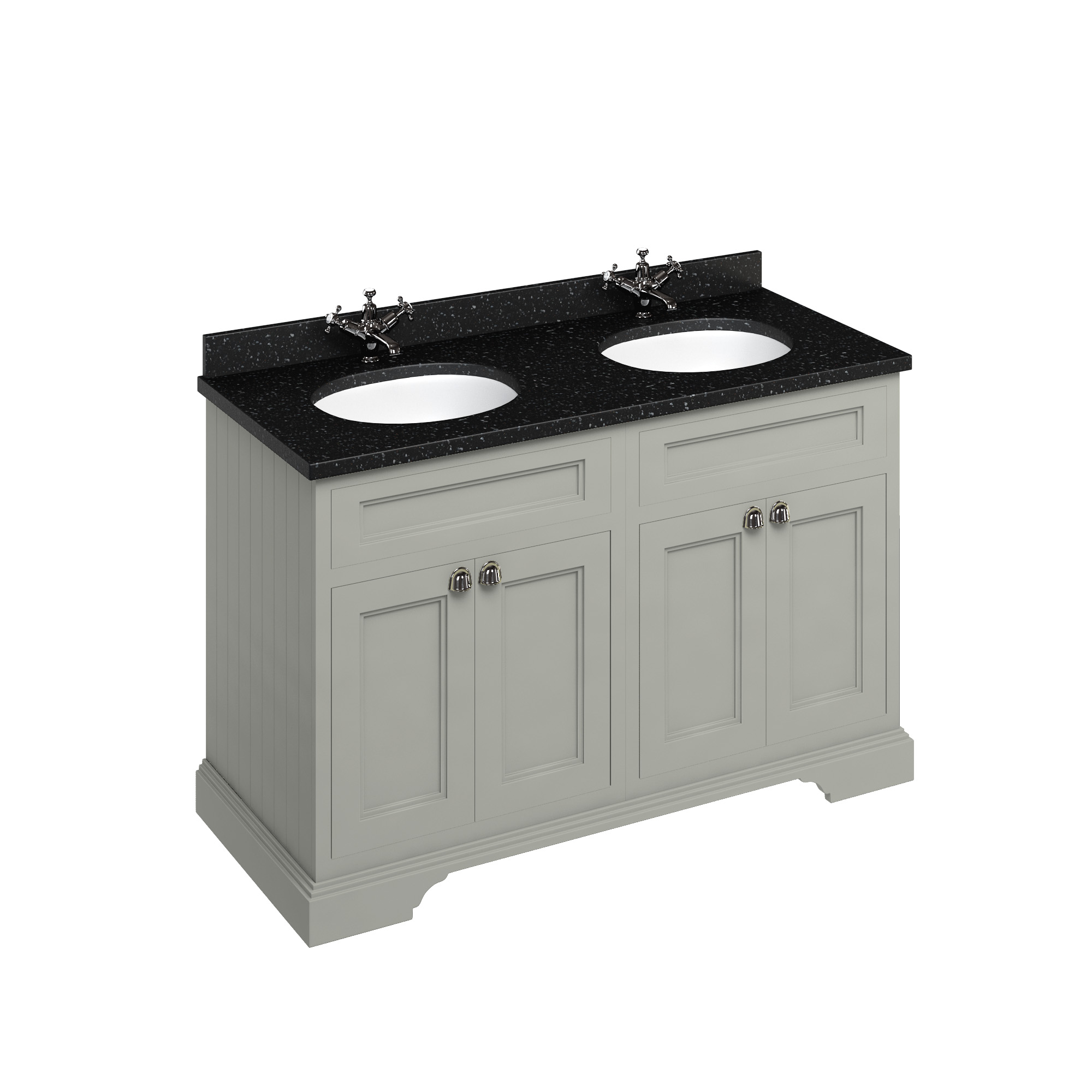 Freestanding 130 Vanity Unit with doors - Dark Olive and Minerva black granite worktop with two integrated white basins