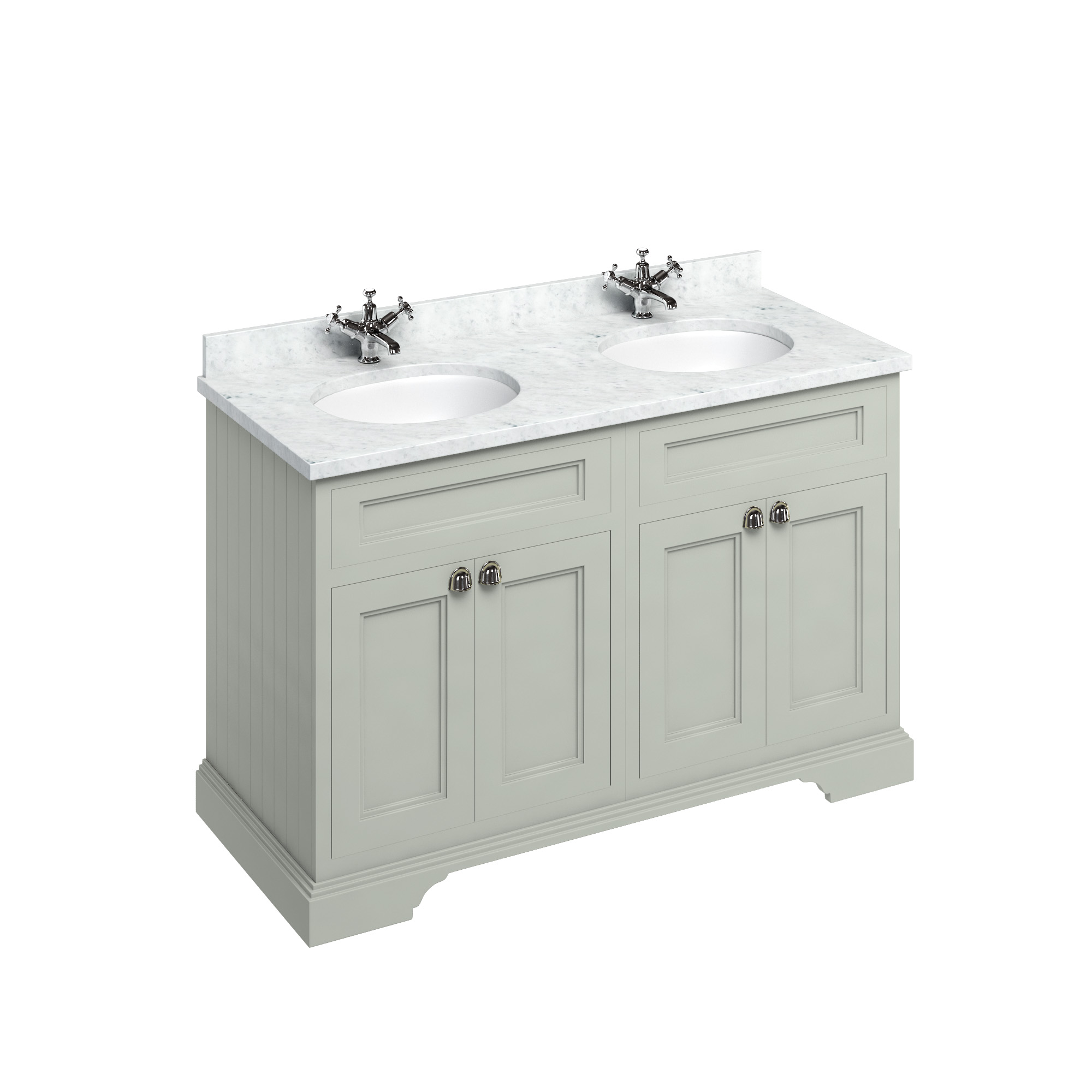 Freestanding 130 Vanity Unit with doors - Dark Olive and Minerva Carrara white worktop with two integrated white basins