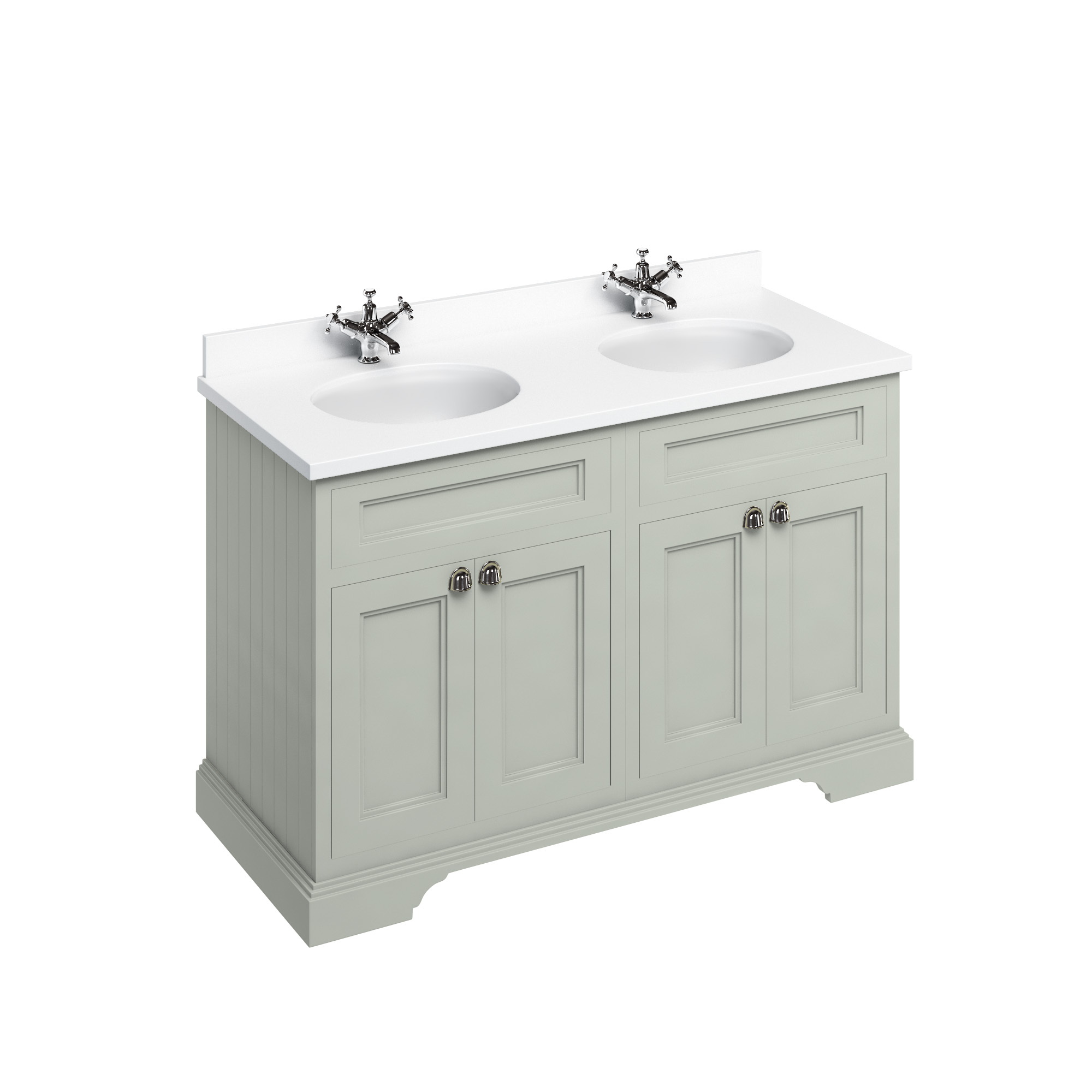 Freestanding 130 Vanity Unit with doors - Dark Olive and Minerva white worktop with two integrated white basins