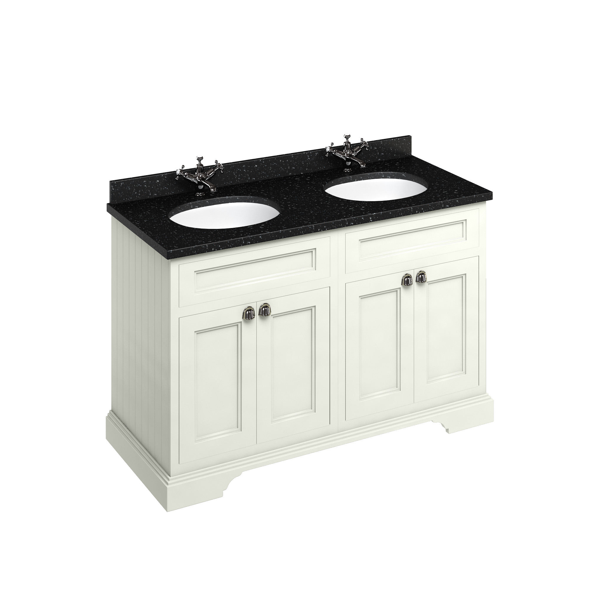 Freestanding 130 Vanity Unit with doors - Sand and Minerva black granite worktop with two integrated white basins
