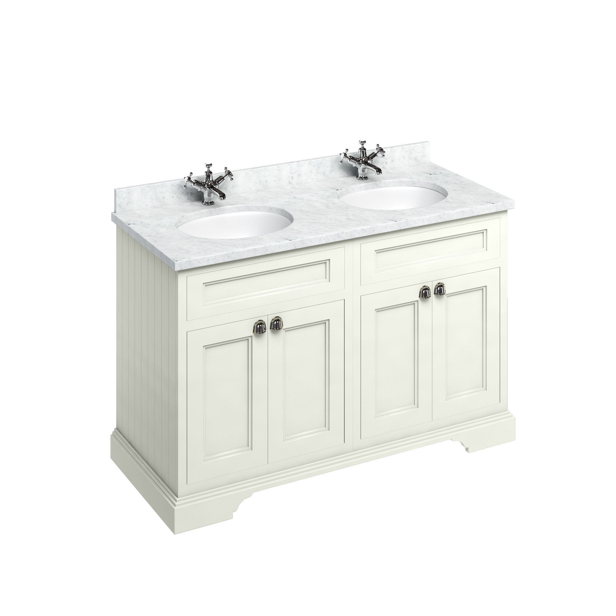 Freestanding 130 Vanity Unit with doors - Sand and Minerva Carrara white worktop with two integrated white basins