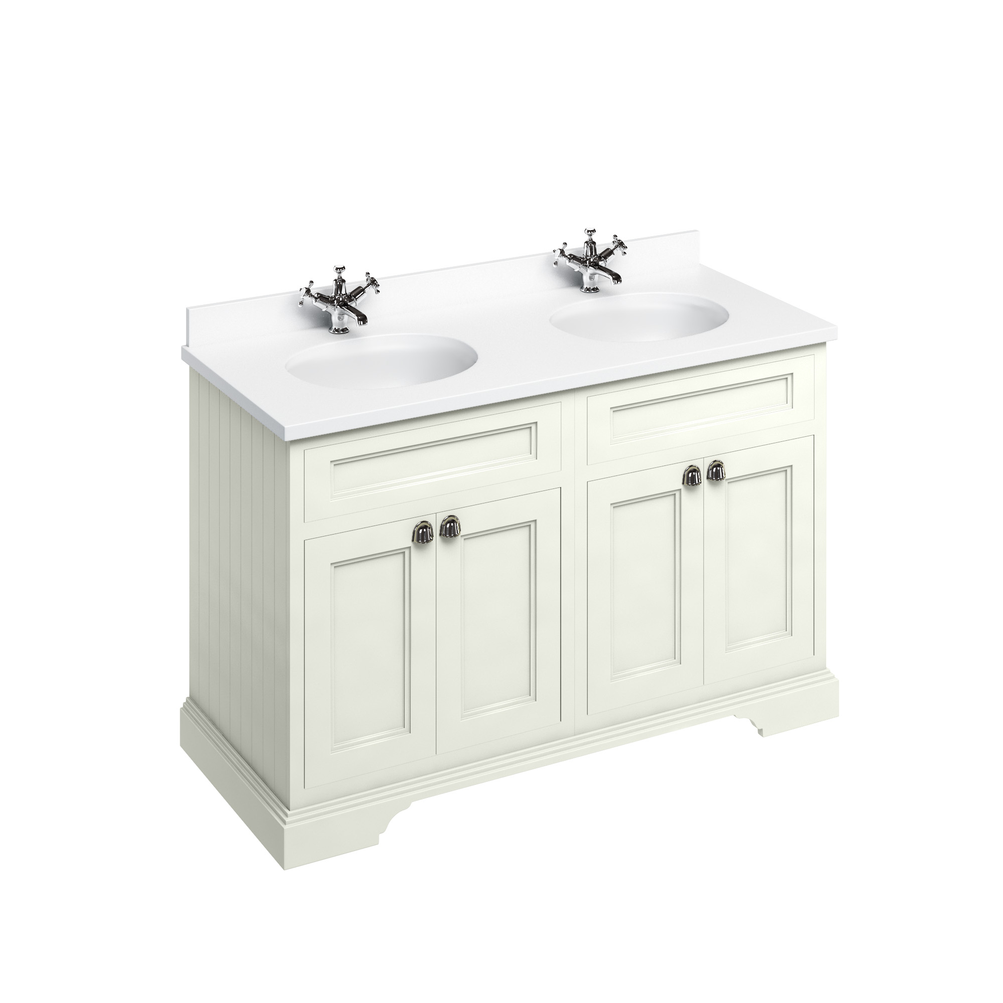 Freestanding 130 Vanity Unit with doors - Sand and Minerva white worktop with two integrated white basins