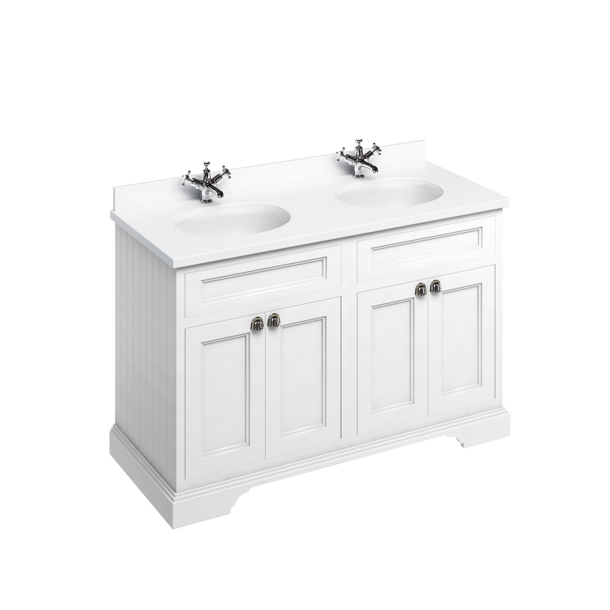 Freestanding 130 Vanity Unit with doors - Matt White and Minerva white worktop with two integrated white basins
