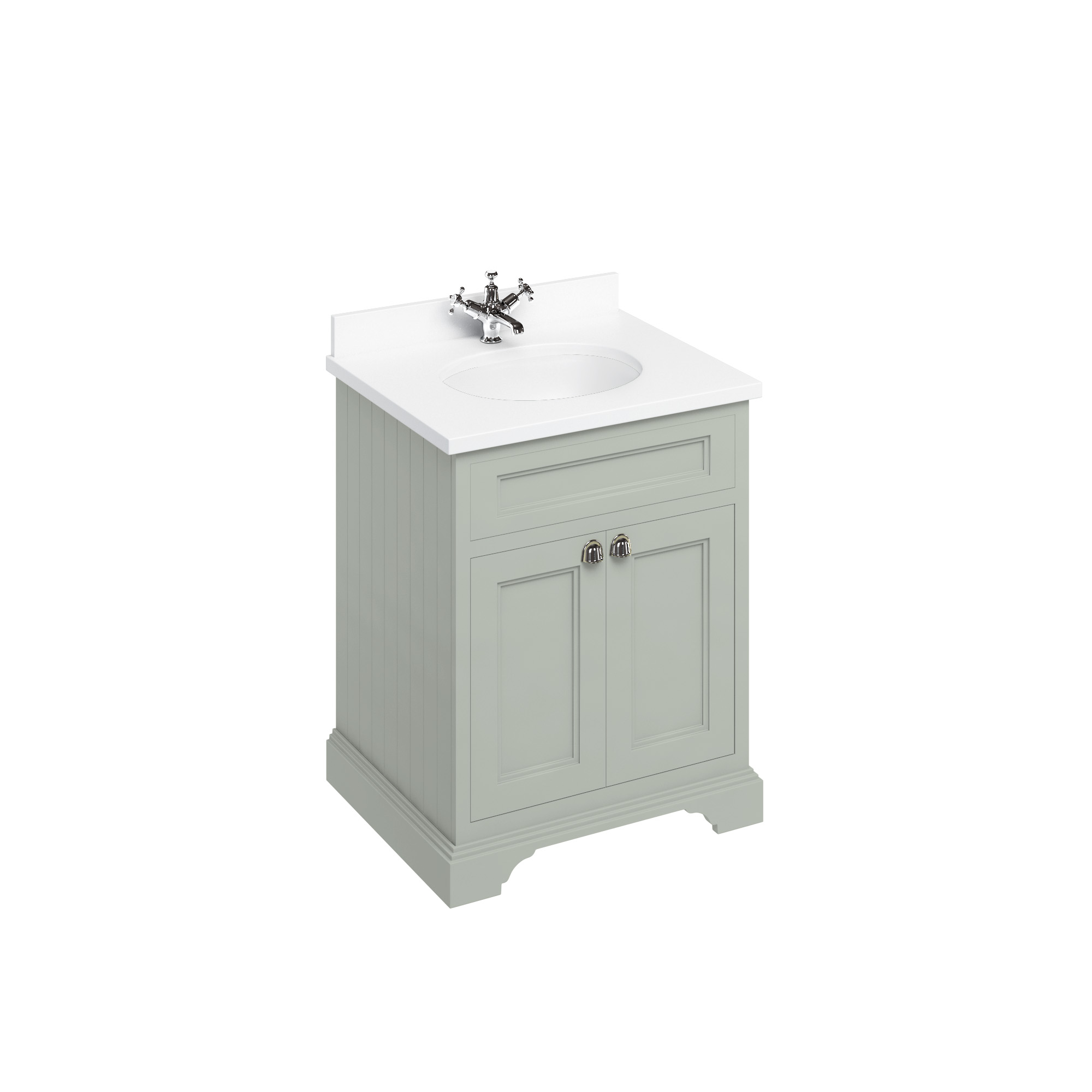 Freestanding 65 Vanity Unit with doors - Dark Olive and Minerva white worktop with integrated white basin
