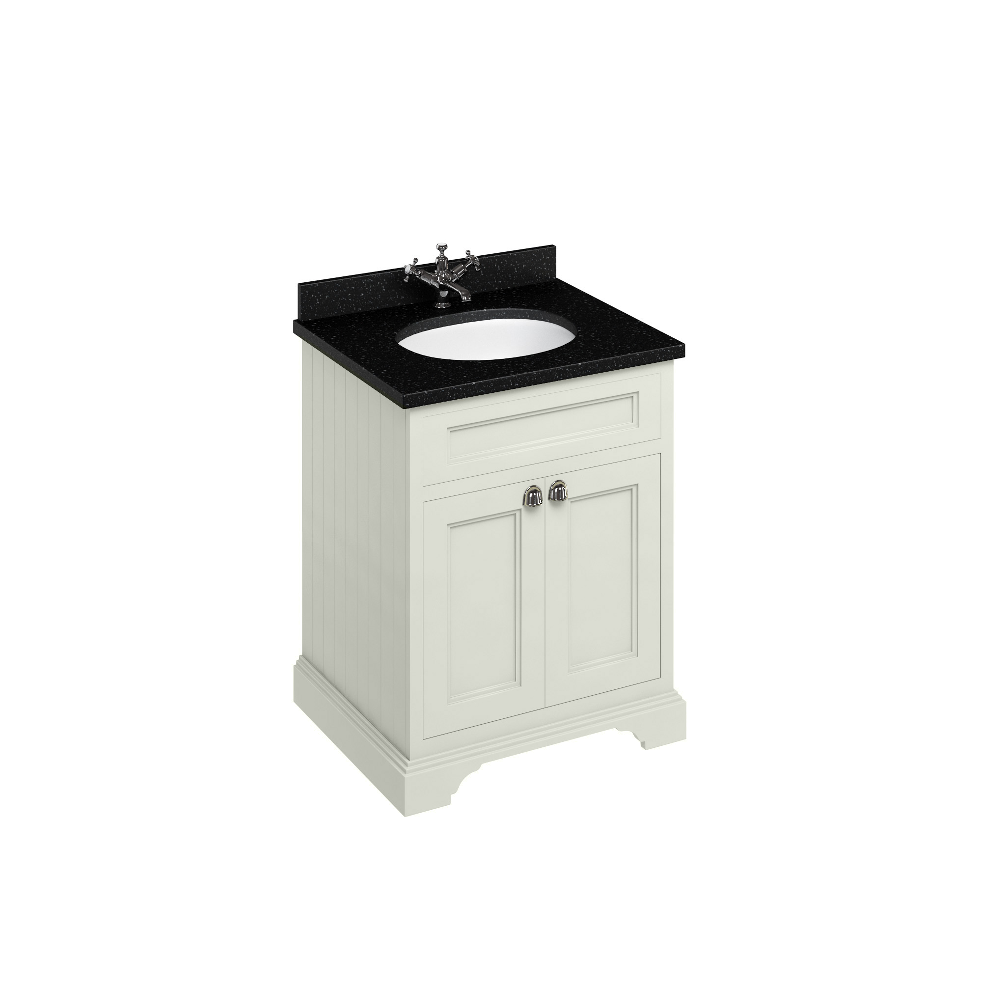 Freestanding 65 Vanity Unit with doors - Sand and Minerva black granite worktop with integrated white basin