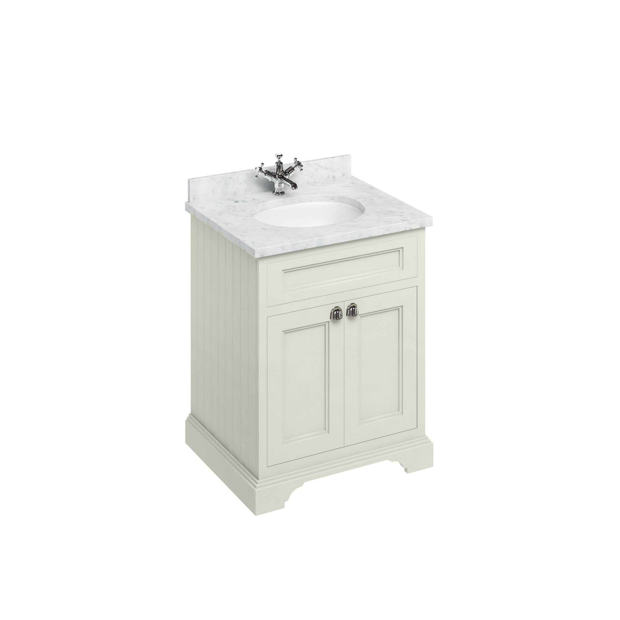 Freestanding 65 Vanity Unit with doors - Sand and Minerva Carrara white worktop with integrated white basin