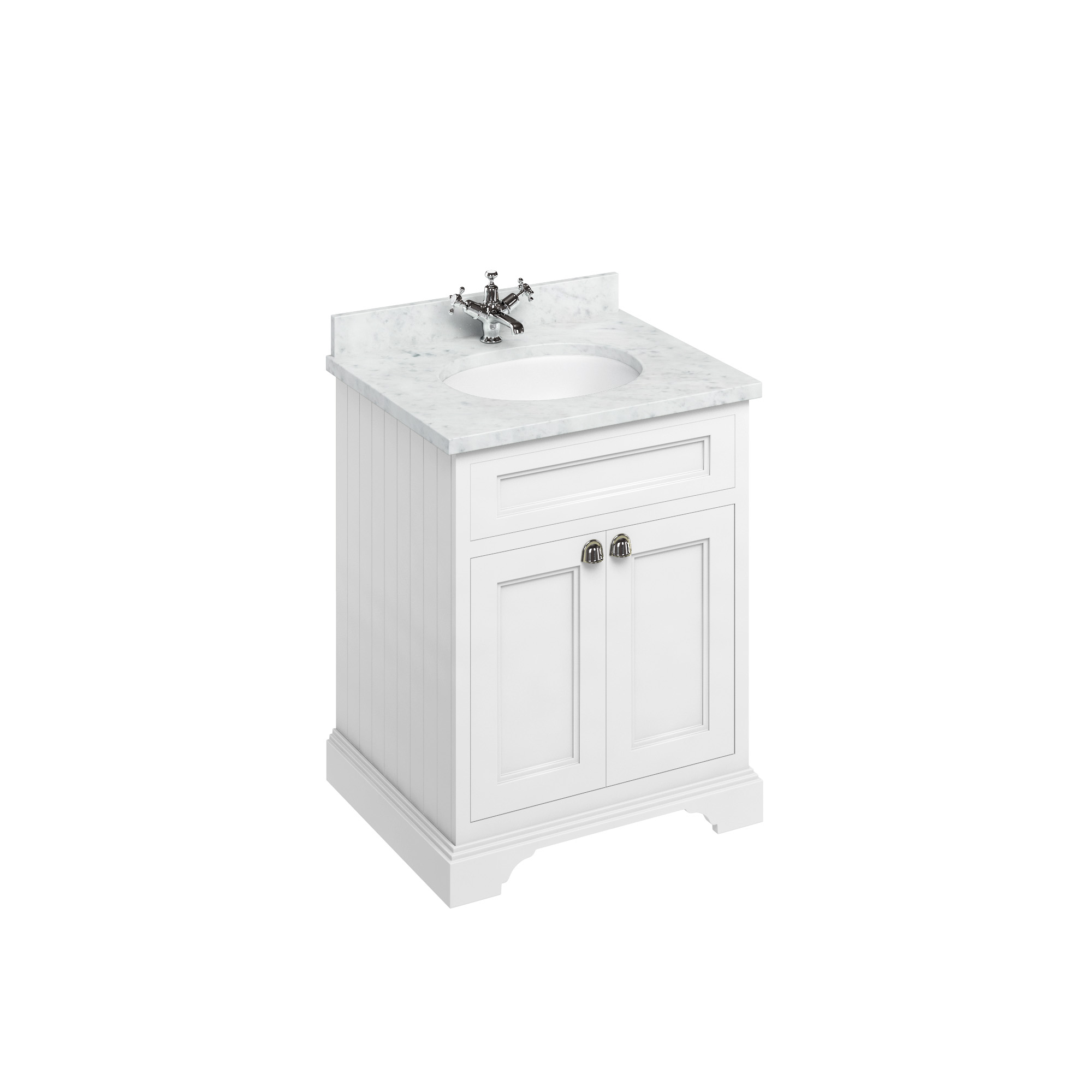 Freestanding 65 Vanity Unit with doors - Matt White and Minerva Carrara white worktop with integrated white basin