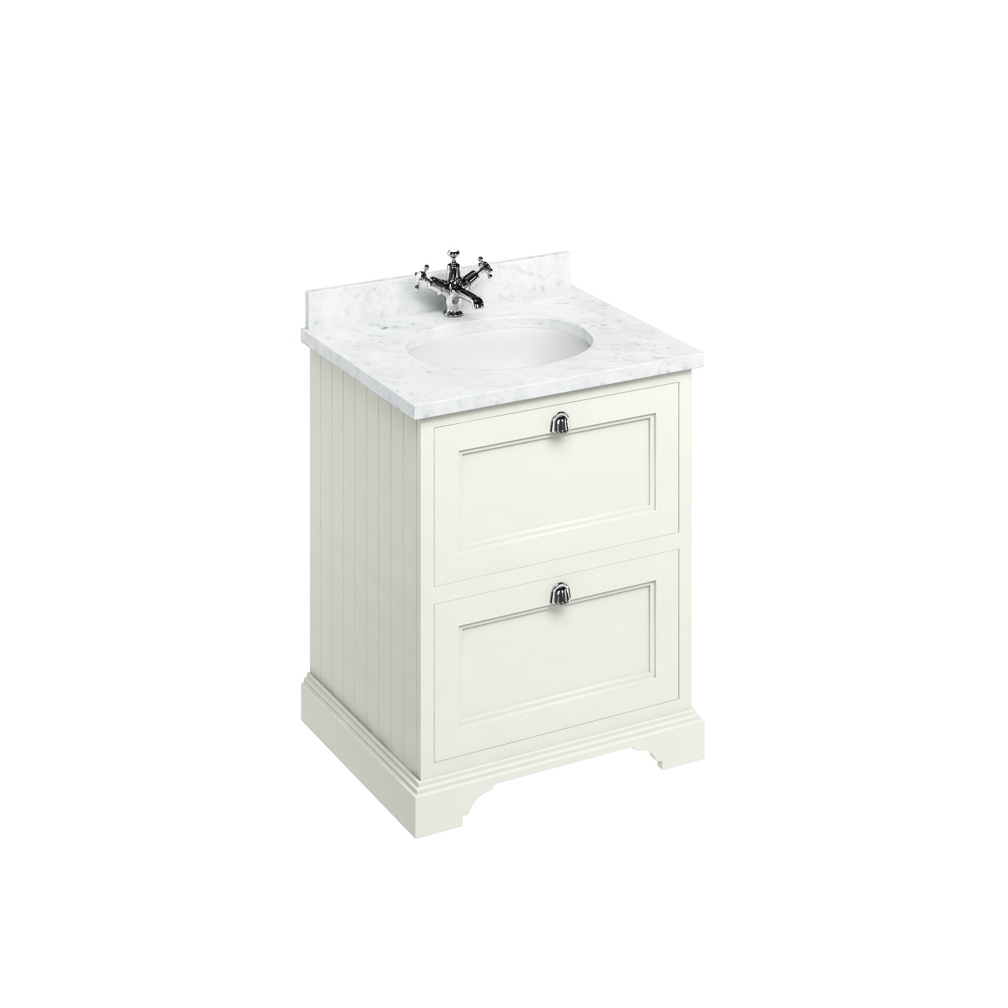 Freestanding 65 Vanity Unit with 2 drawers - Sand and Minerva Carrara white worktop with integrated white basin