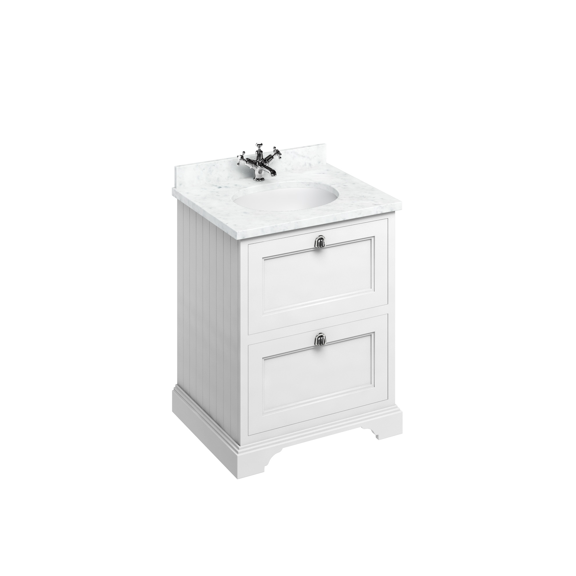 Freestanding 65 Vanity Unit with 2 drawers - Matt White and Minerva Carrara white worktop with integrated white basin