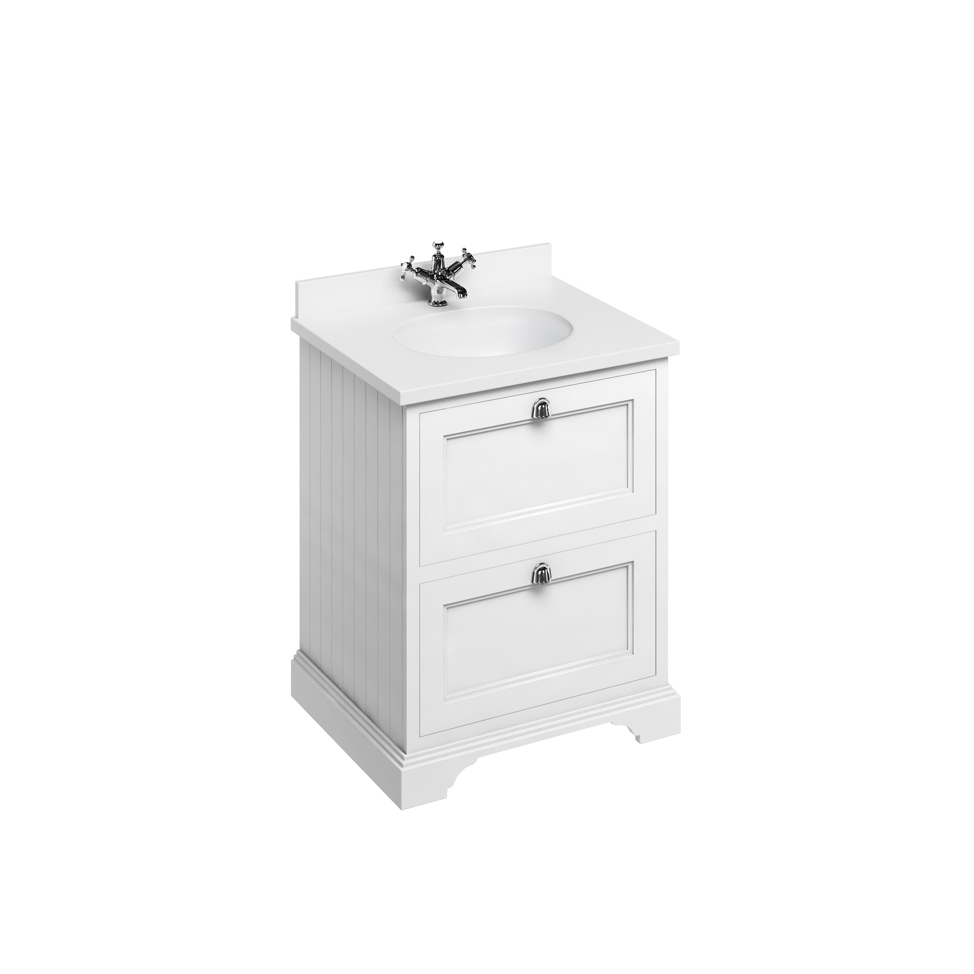 Freestanding 65 Vanity Unit with 2 drawers - Matt White and Minerva white worktop with integrated white basin