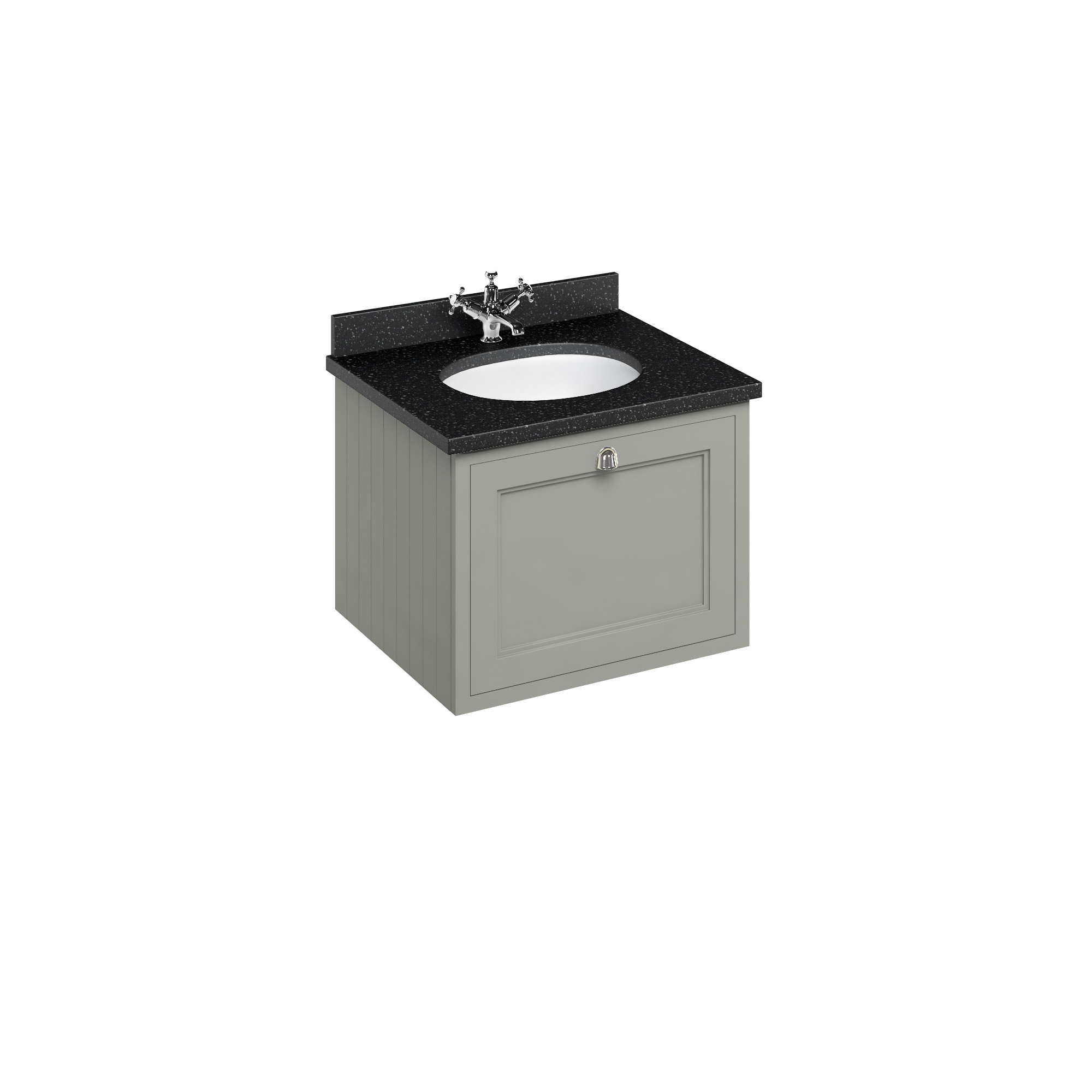 Wall Hung 65 Vanity Unit single drawer - Dark Olive and Minerva black granite worktop with integrated white basin