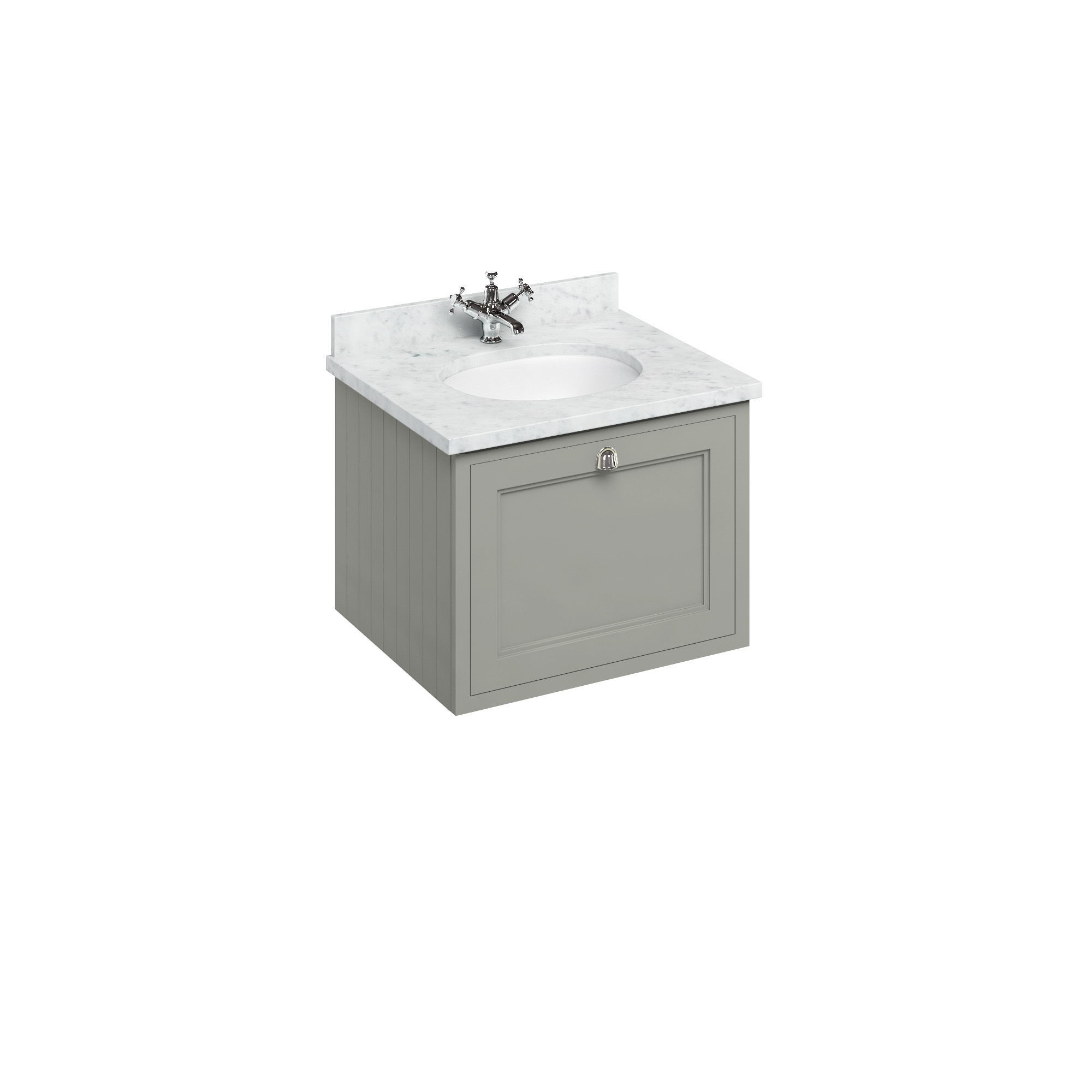 Wall Hung 65 Vanity Unit single drawer - Dark Olive and Minerva Carrara white worktop with integrated white basin