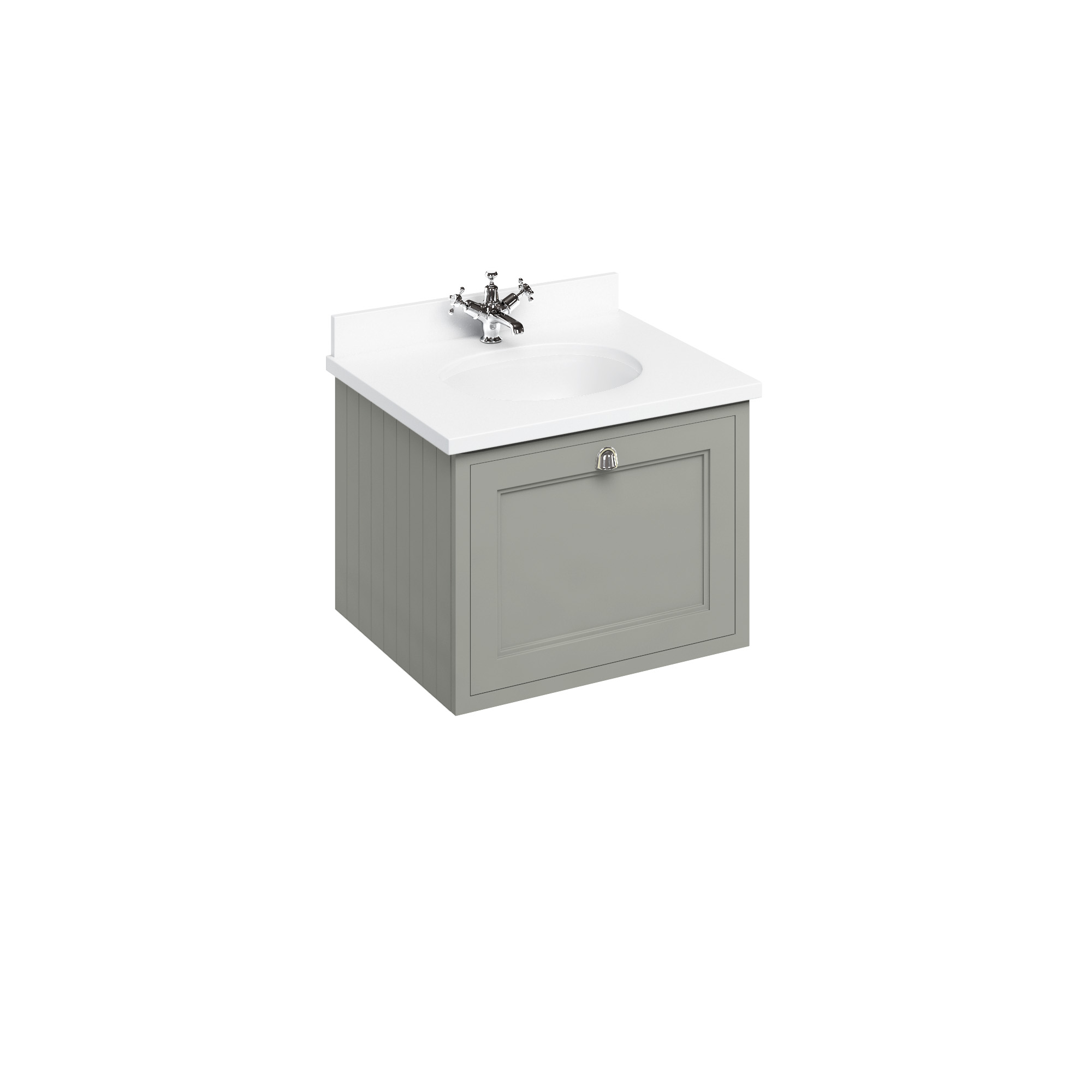 Wall Hung 65 Vanity Unit single drawer - Dark Olive and Minerva white worktop with integrated white basin