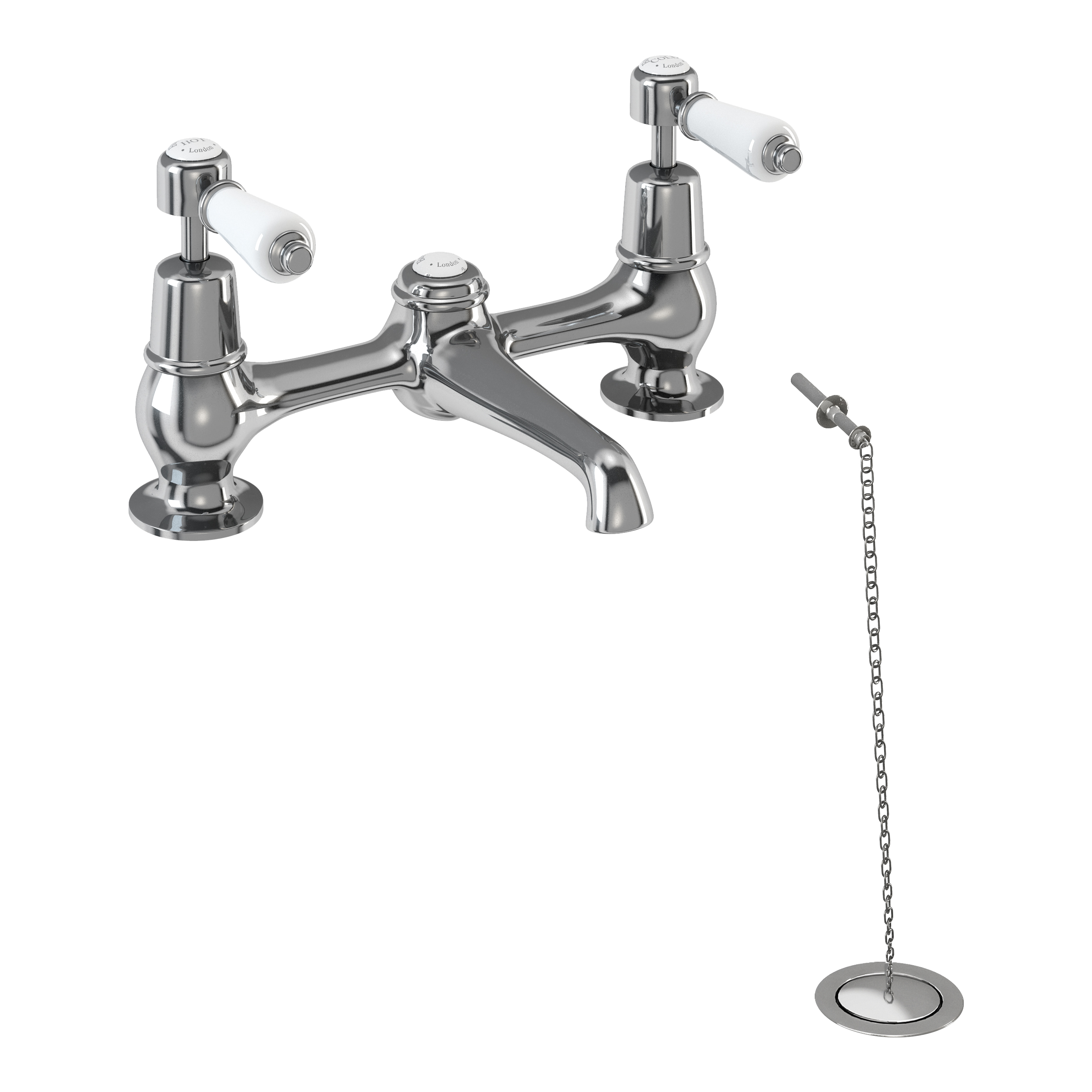 Kensington 2 tap hole bridge basin mixer with low central indice with plug and chain waste with swivel spout