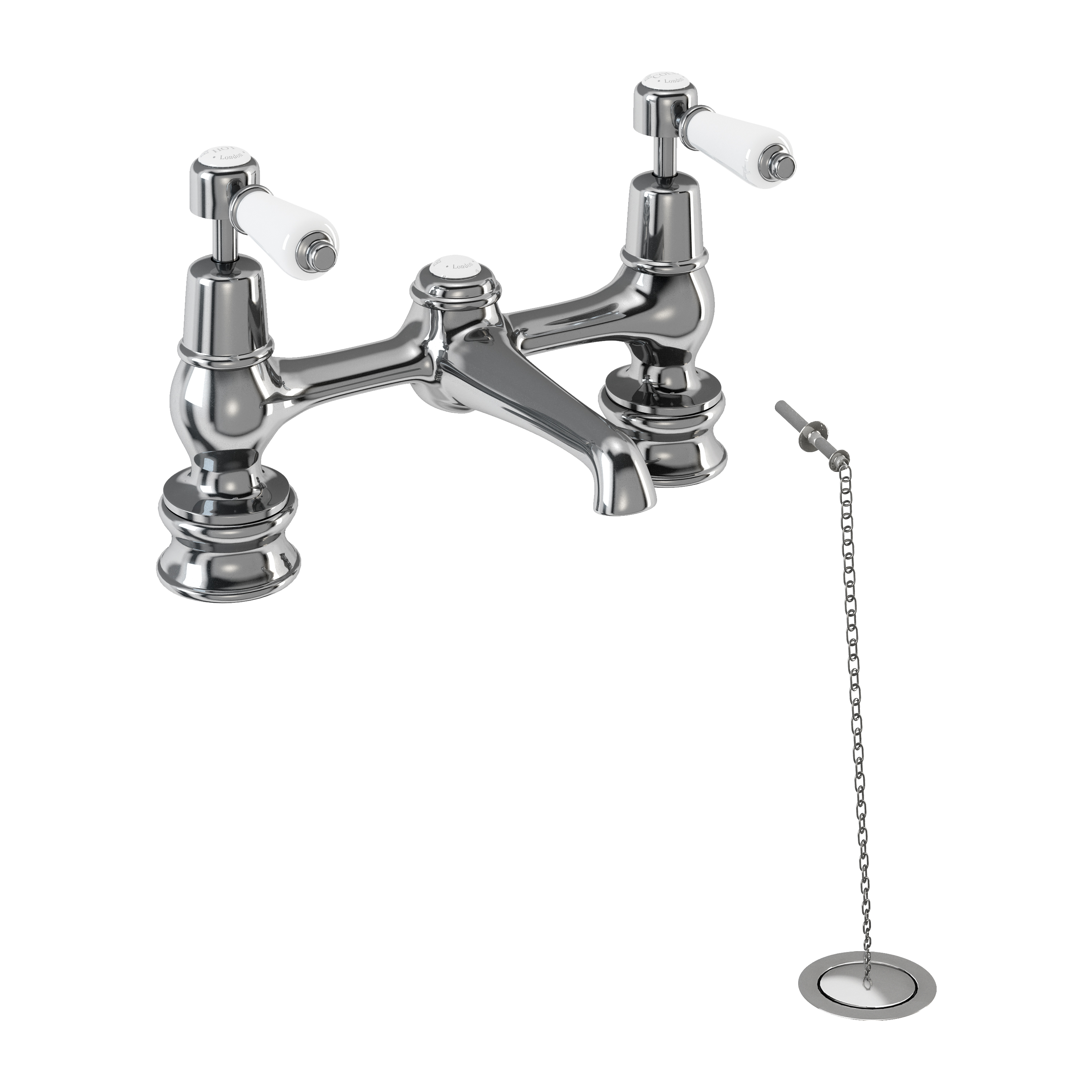 Kensington Regent 2 tap hole bridge basin mixer with low central indice with plug and chain waste with swivel spout