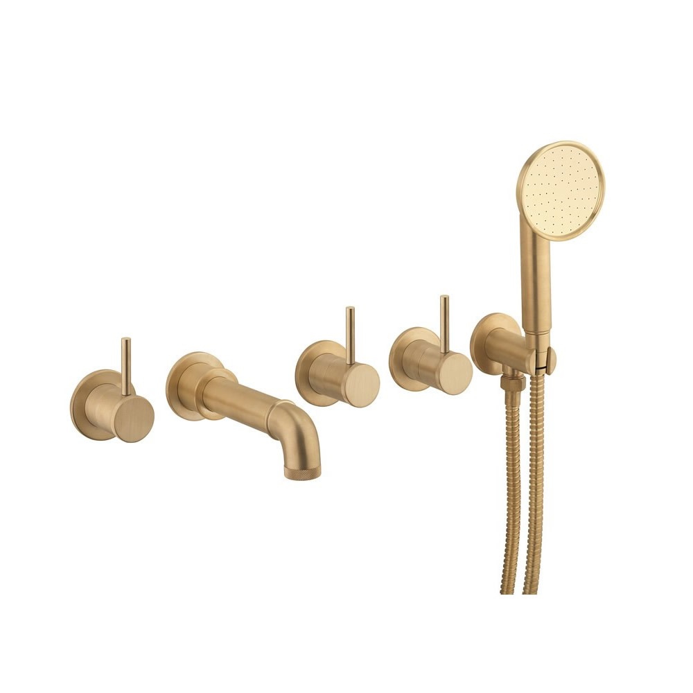 MPRO Industrial 5 Hole Bath Filler with Spout & Handset - Unlacquered Brushed Brass