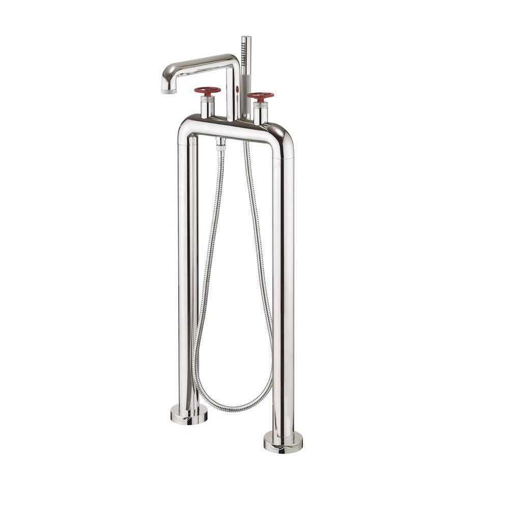 UNION Free Standing Bath Filler & Shower Kit Chrome Red Wheel